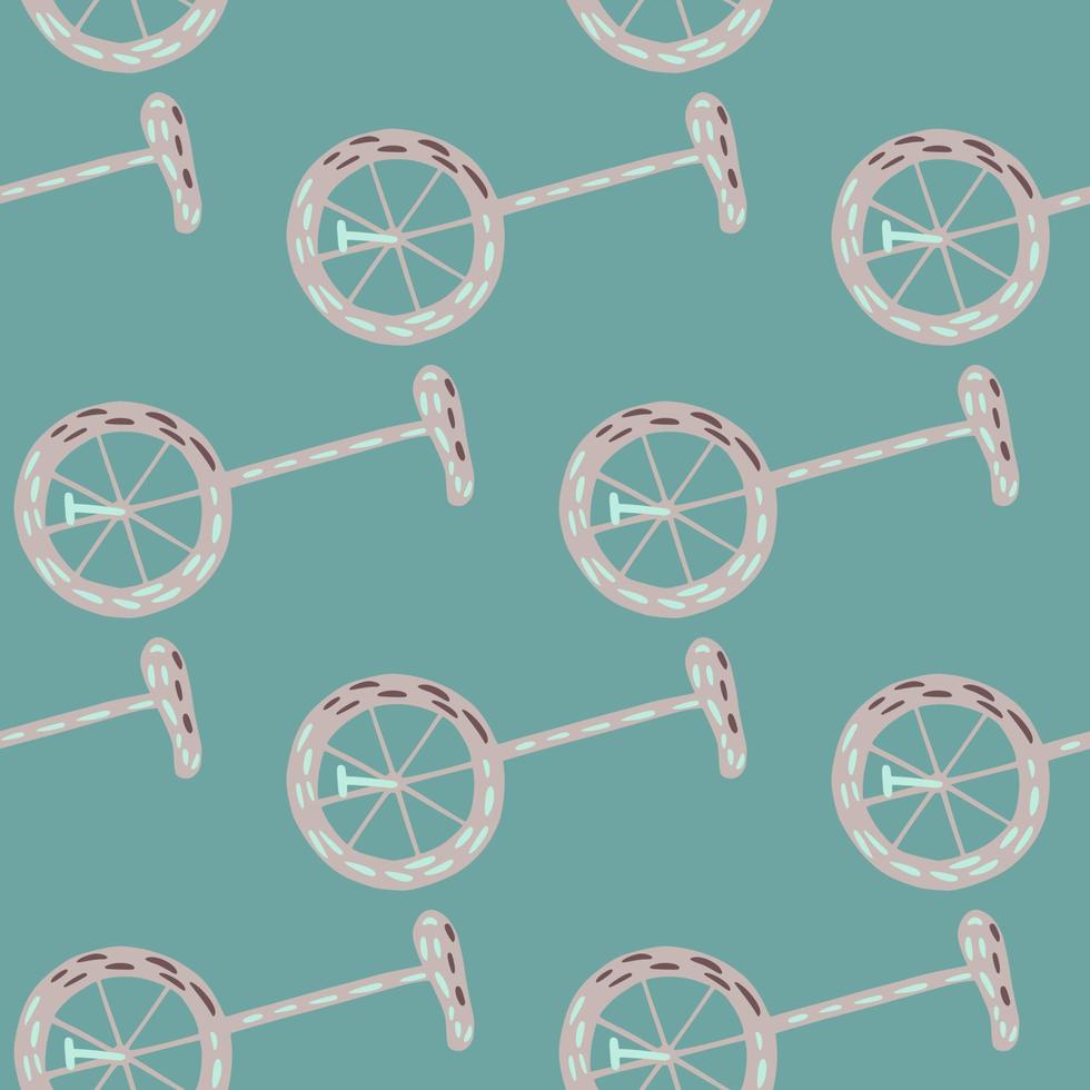 ornamento de bicicleta de circo gris patrón de garabato sin costuras. telón de fondo de transporte con fondo azul. vector