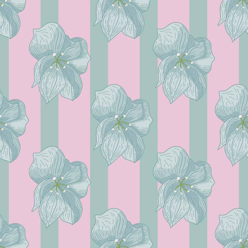 Seamless abstract floral seamless pattern with light turquoise flower outline sapes on pink striped background. vector