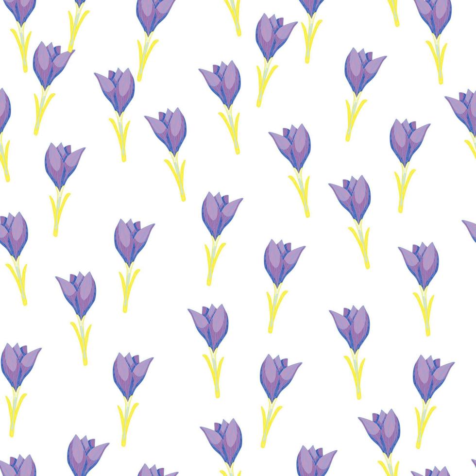 Summer isolated seamless pattern with purple little crocus flowers shapes. White background. vector