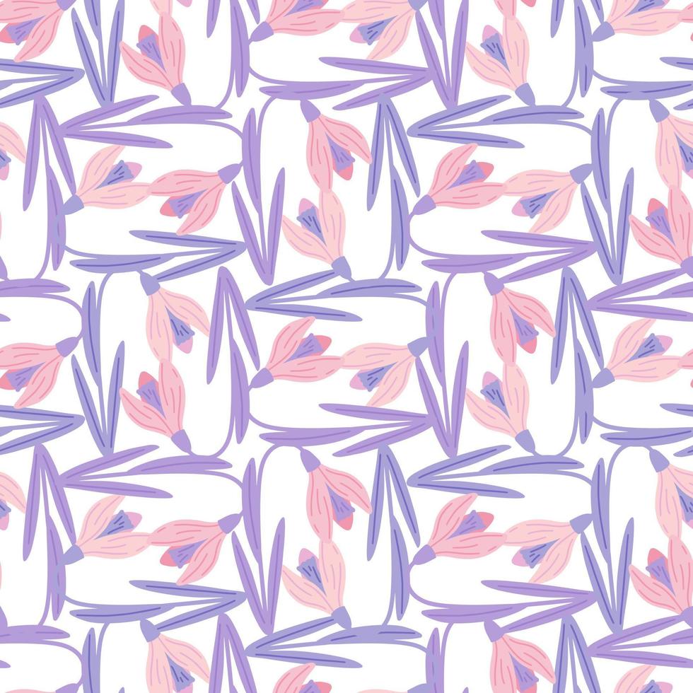 Decorative seamless pattern with purple and pink colored spring snowdrops shapes. Isolated backdrop. vector