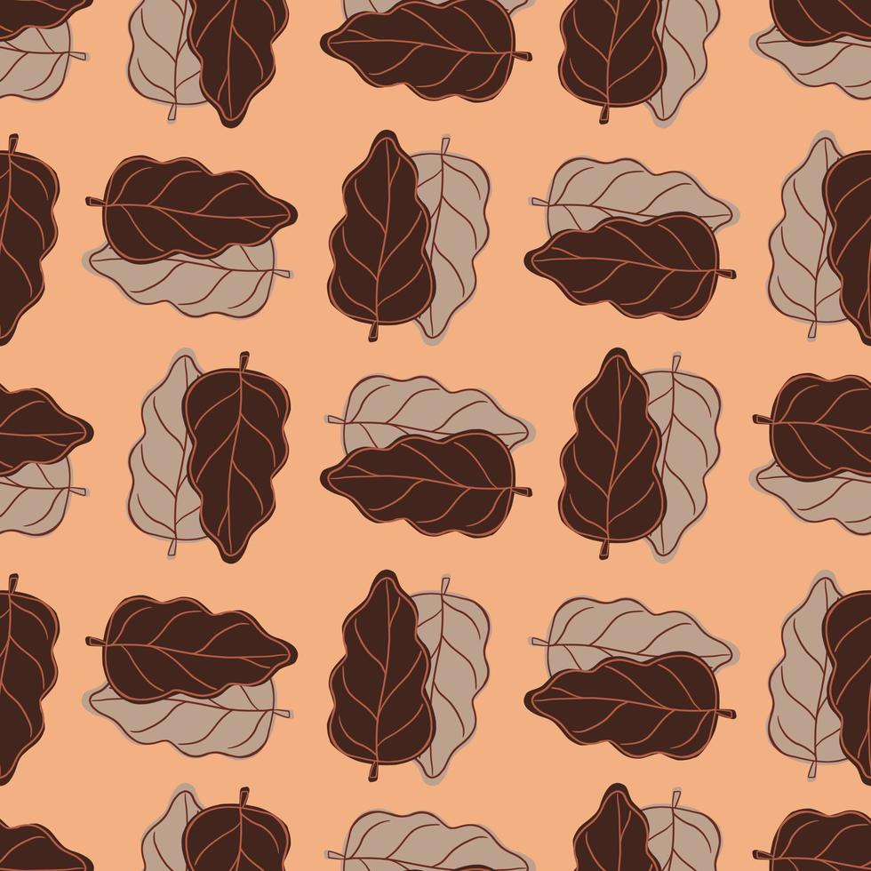 Fall season seamless pattern with brown and grey contoured oak leaves ornament. Pastel background. vector