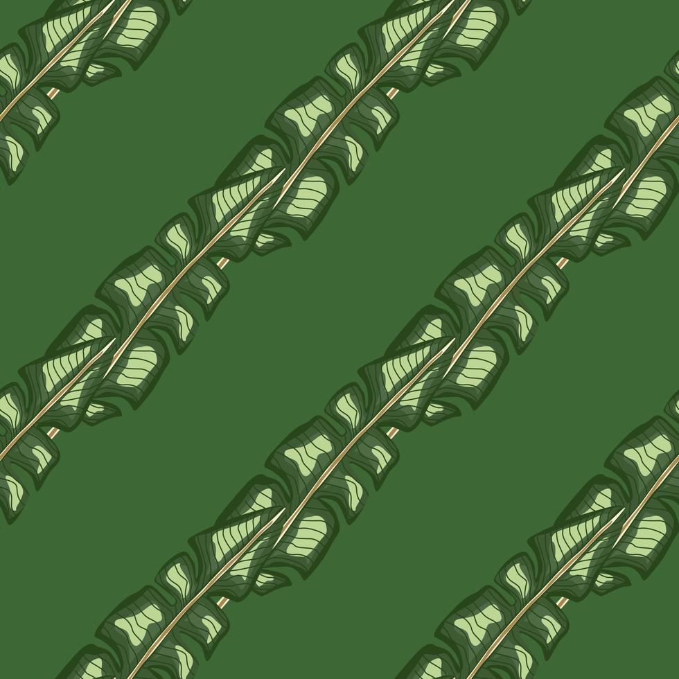 Diagonal banana leaf ornament seamless doodle pattern. Green colors. Geometric style tropic backdrop. vector
