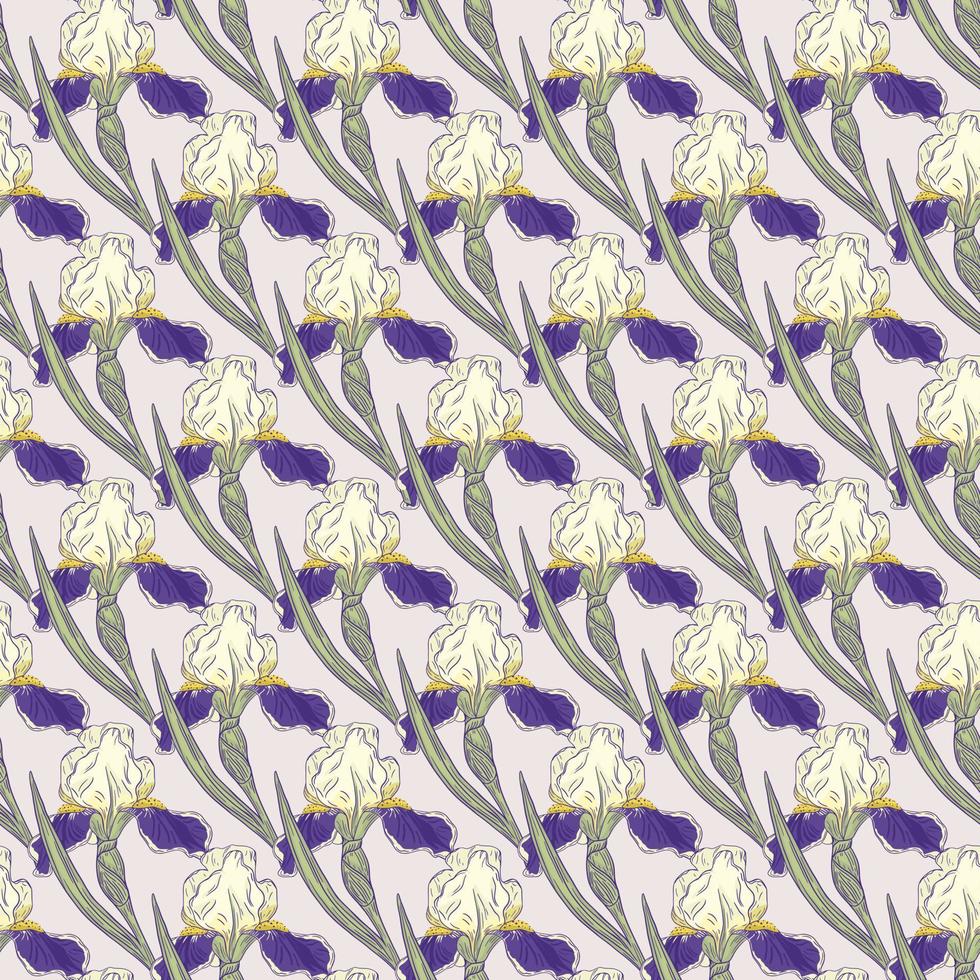 Purple little iris flowers ornate seamless pattern in hand drawn style. Light pink background. vector