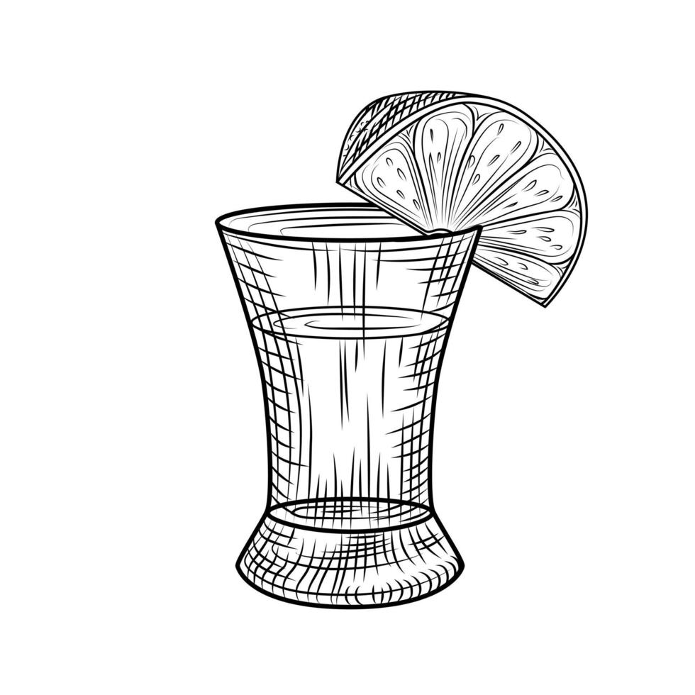 chupito de tequila y rodaja de limón aislado sobre fondo blanco. vaso lleno de alcohol. vector