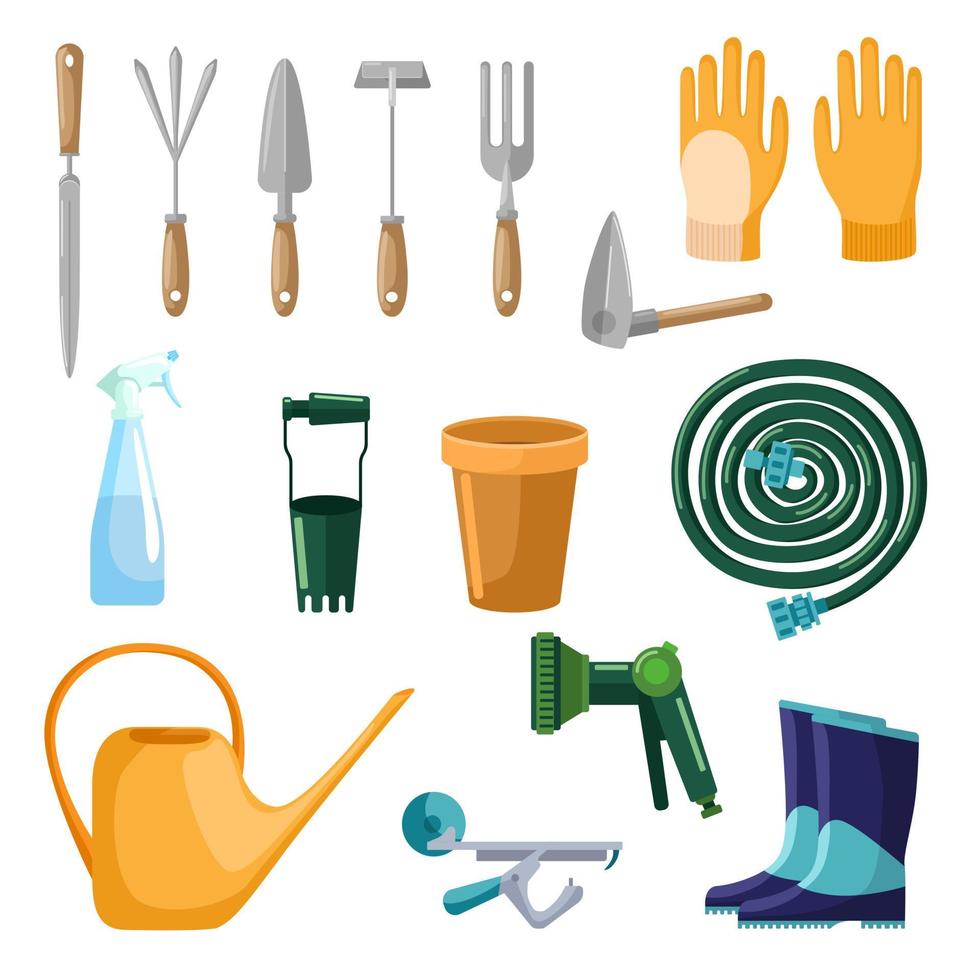 Set of professional tools care garden isolated on white background in flat style. Collection scoop, gloves, pot, hose, spray, watering can, boots. Kit farm symbols vector