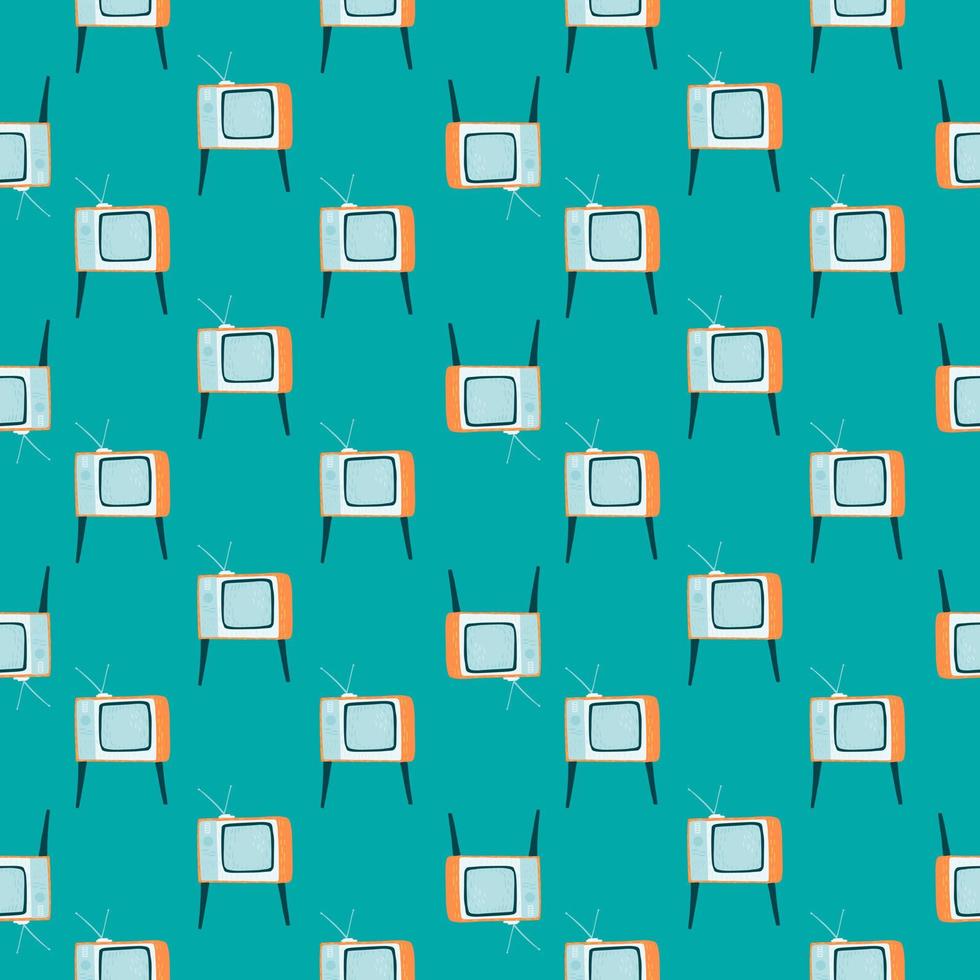 Technology seamless pattern with little vintage tv ornament. Bright blue background. vector