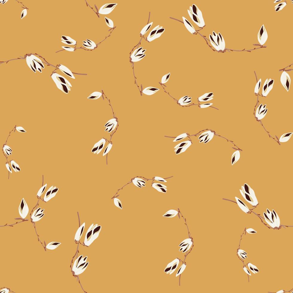 Seamless pattern Magnolias on yellow background. Beautiful texture with spring white flowers. vector