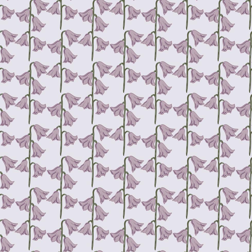 Abstract natural creative seamless pattern with pale tones purple bell flowers shapes. Pastel blue background. vector