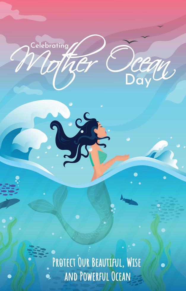 día de la madre del océano con sirena rezando en el océano vector