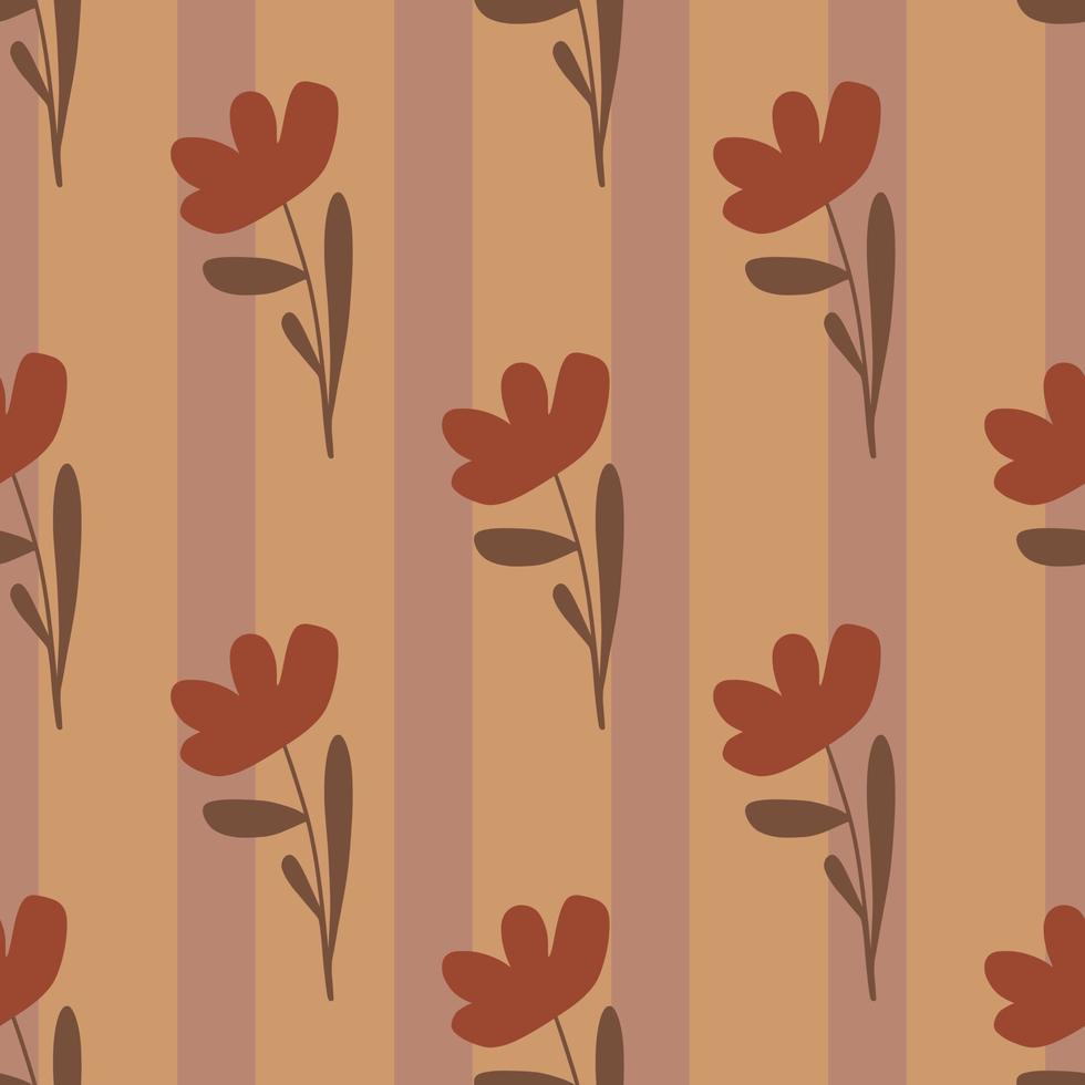 Red simple flowers silhouettes seamless doodle pattern. Striped pale background. Bloom backdrop. vector