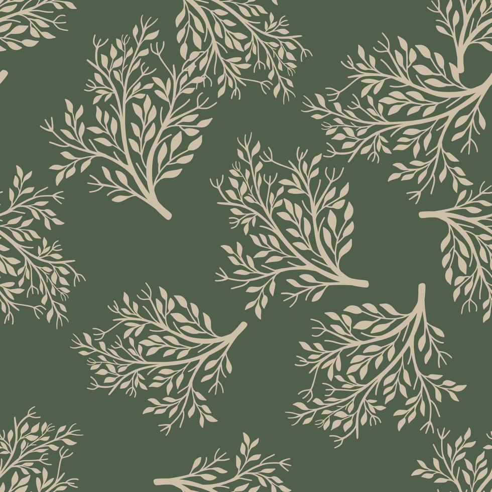 patrón botánico sin fisuras con elementos de arbusto vintage aleatorios. fondo verde oscuro. estilo simple. vector