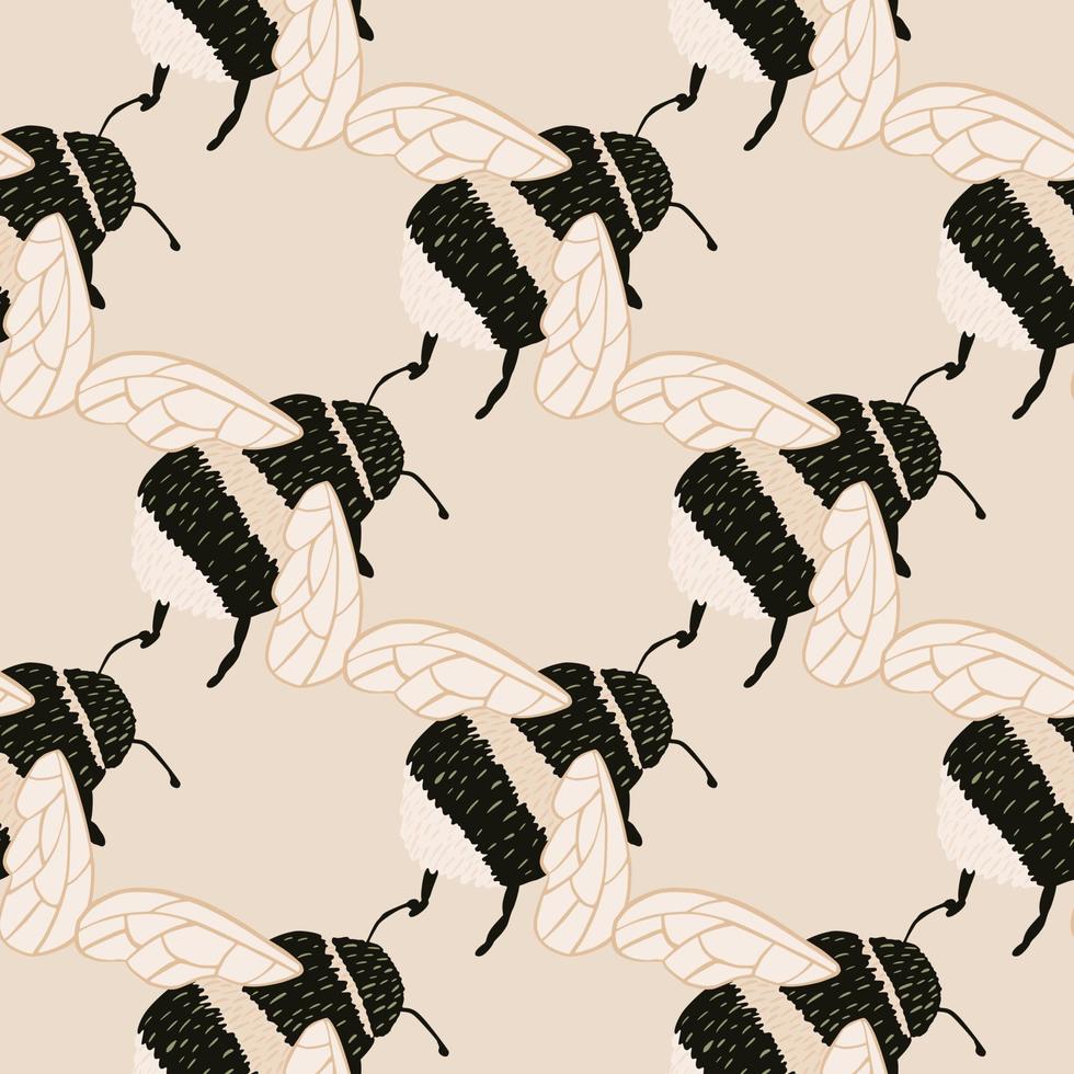 Bee pattern seamless in freehand style. Cute insect which extract honey on colorful background. Vector illustration for textile.