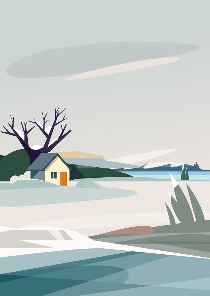 Winter landscape with house on the river bank. Natural scenery in vertical orientation. vector