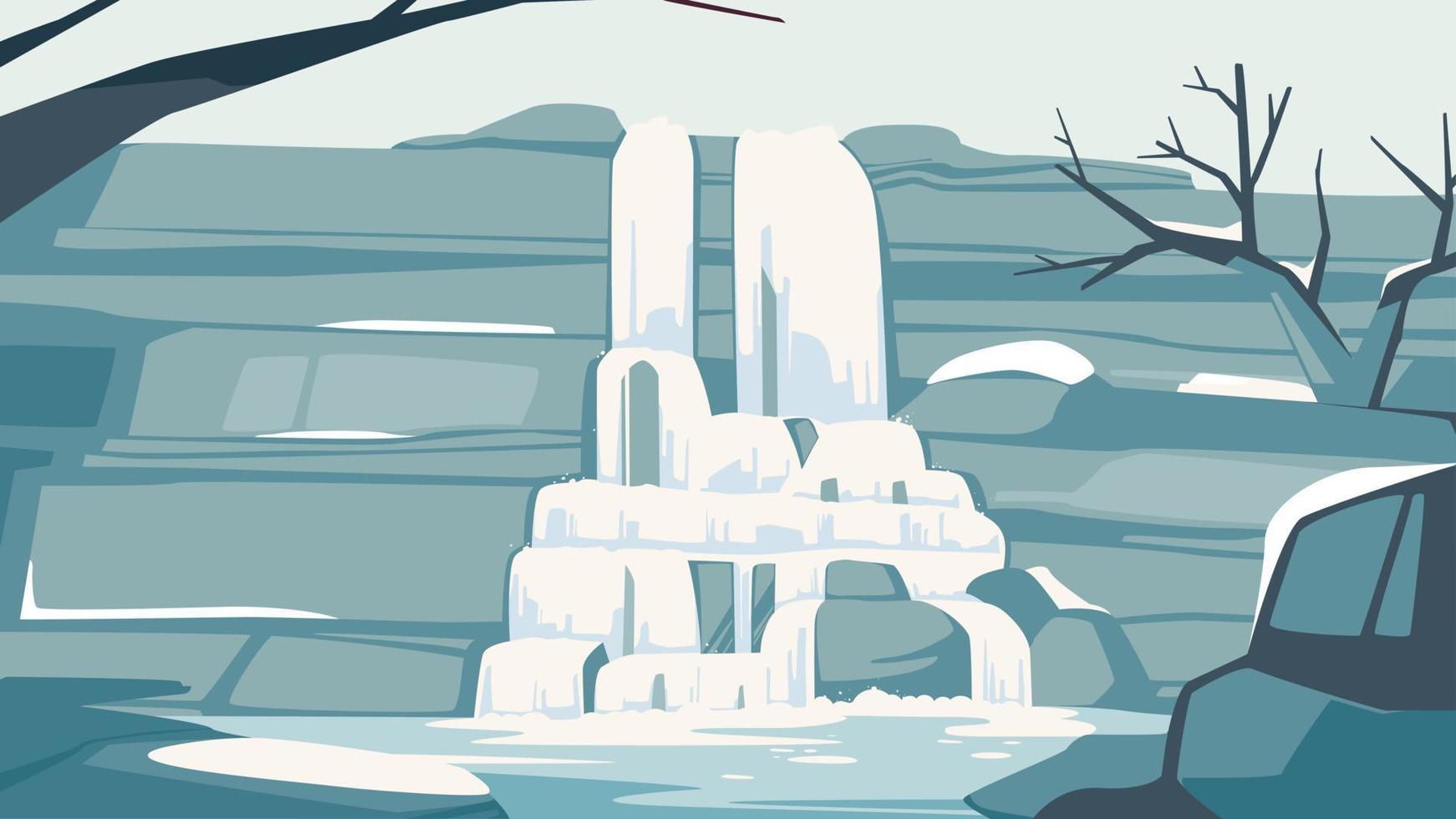 Scenery with waterfall in winter season. vector