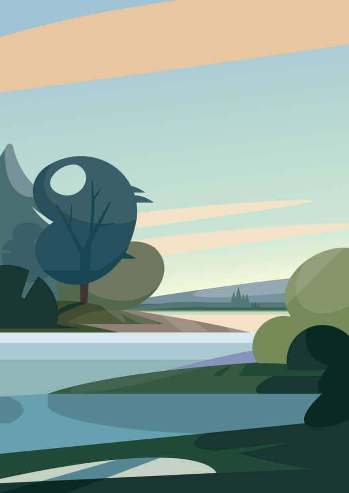 Spring landscape with river. Natural scenery in portrait format. vector