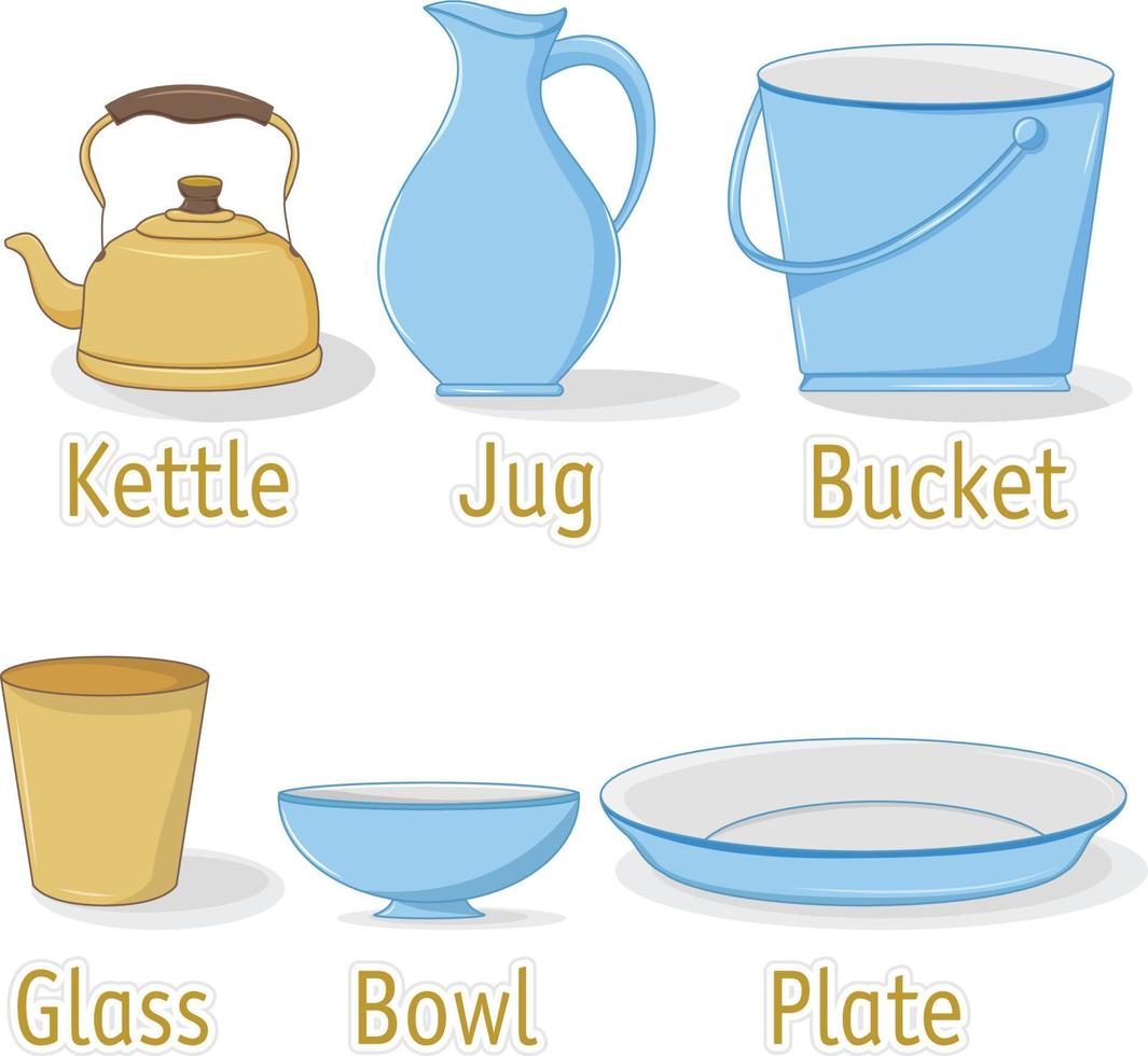 Set of household utensils- Kettle, Jug, Bucket, Glass, Blowl and plate vector