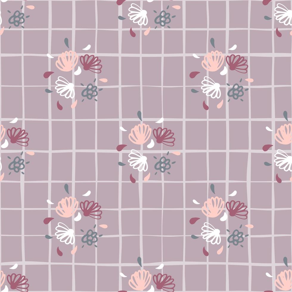 Simple seamless pattern with flower ornament. Outline botanic elements in pastel tones on light lilac background. vector