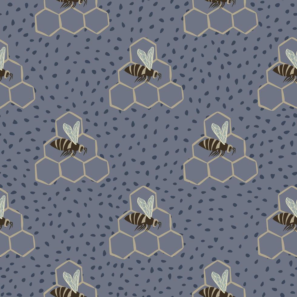 Hand drawn bees and honeycombs seamless pattern. Pastel blue palette artwork with dotted background. vector