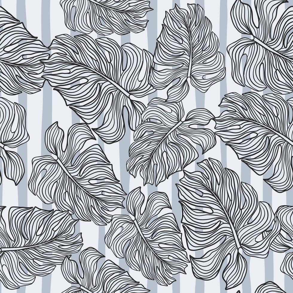 Monochrome monstera leaves silhouette seamless pattern on stripes background. Tropic foliage backdrop. vector