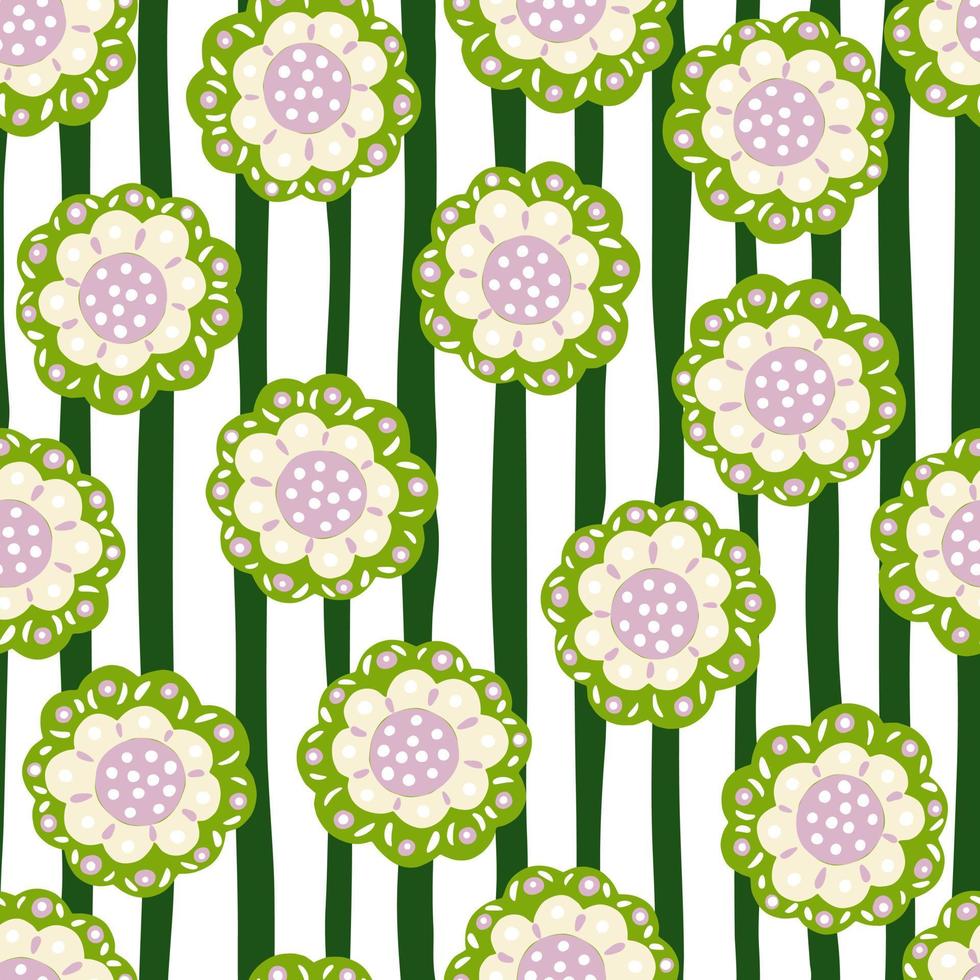 Botanic seamless pattern with doodle random folk buds silhouettes. Striped green background. Flora artwork. vector