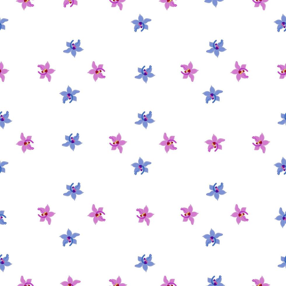 Abstract geometric style isolated seamless pattern with blue and pink orchid flowers print. White background. vector