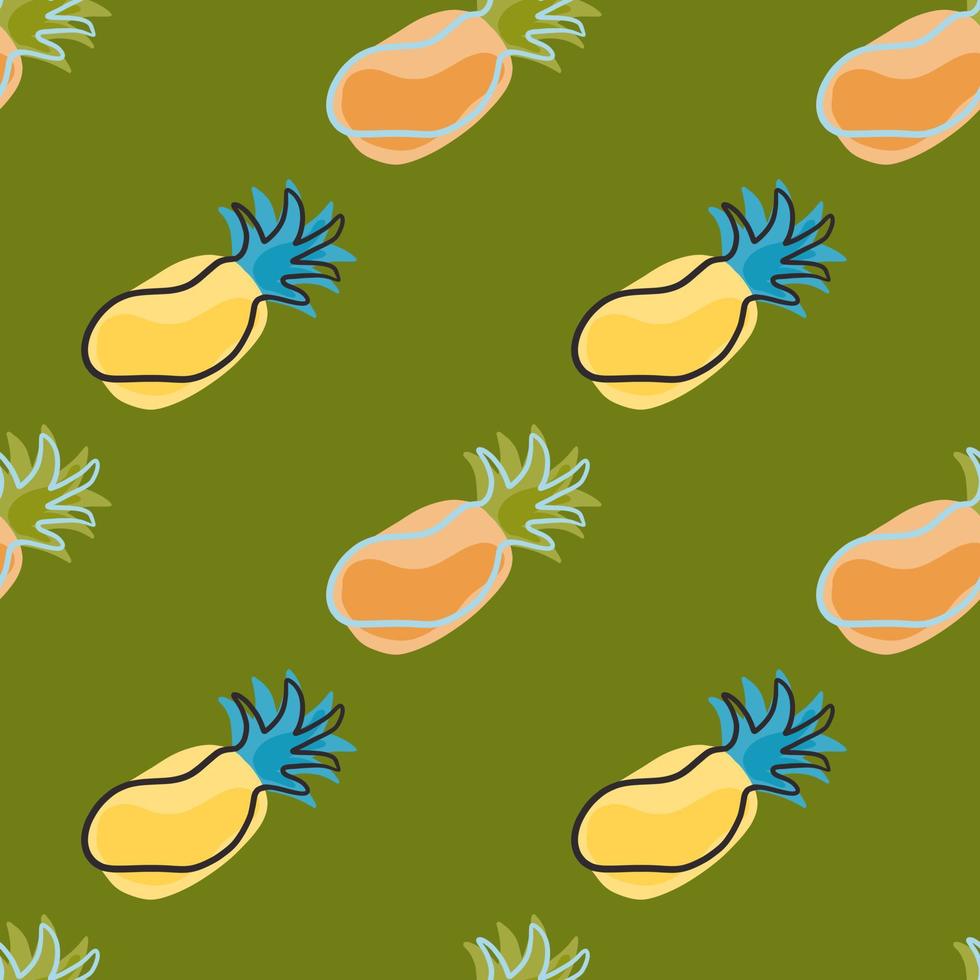 Doodle seamless pattern with fresh organic pineapples elements. Green background. Exotic food. vector