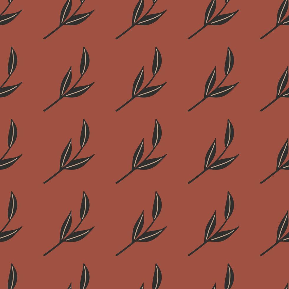 Doodle black nordic twigs seamless pattern. Foliage abstract ornament. Maroon pale background. vector