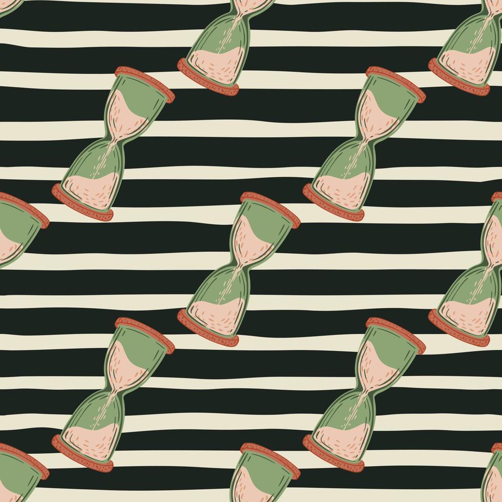 Beige and green colored hourglass elements seamless pattern. WHite and black striped background. vector