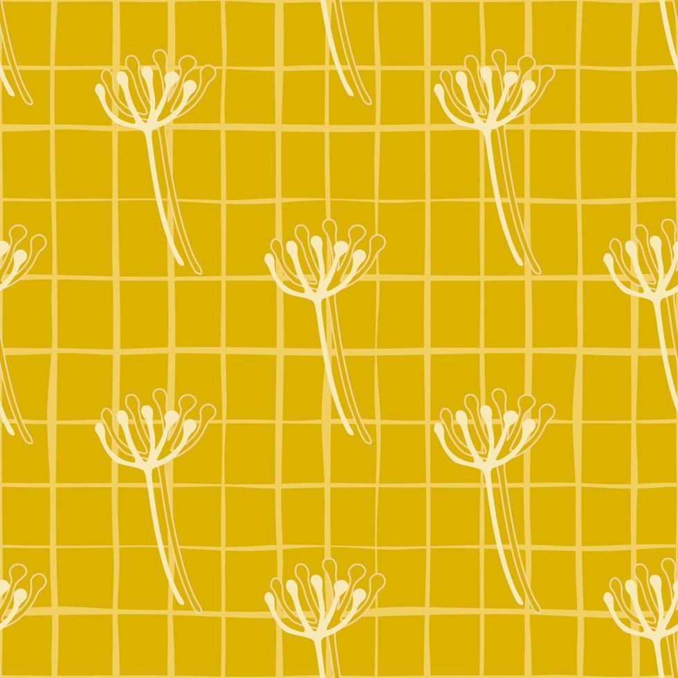 Bright summer floral seamless pattern with white outline dandelion figures. Yellow background with check. vector