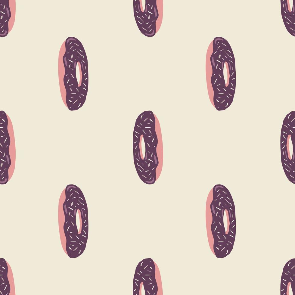 Cartoon seamless pattern with dinuts simple ornament. Stylized food backdrop with purple and pink colored sweet elements. vector