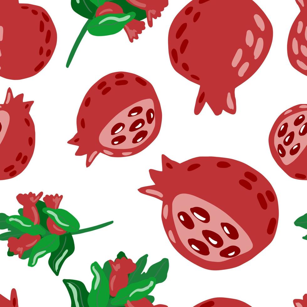 Isolated random seamless pattern with garnet and branch with berries silhouettes. Green foliage and red fruits on white background. vector