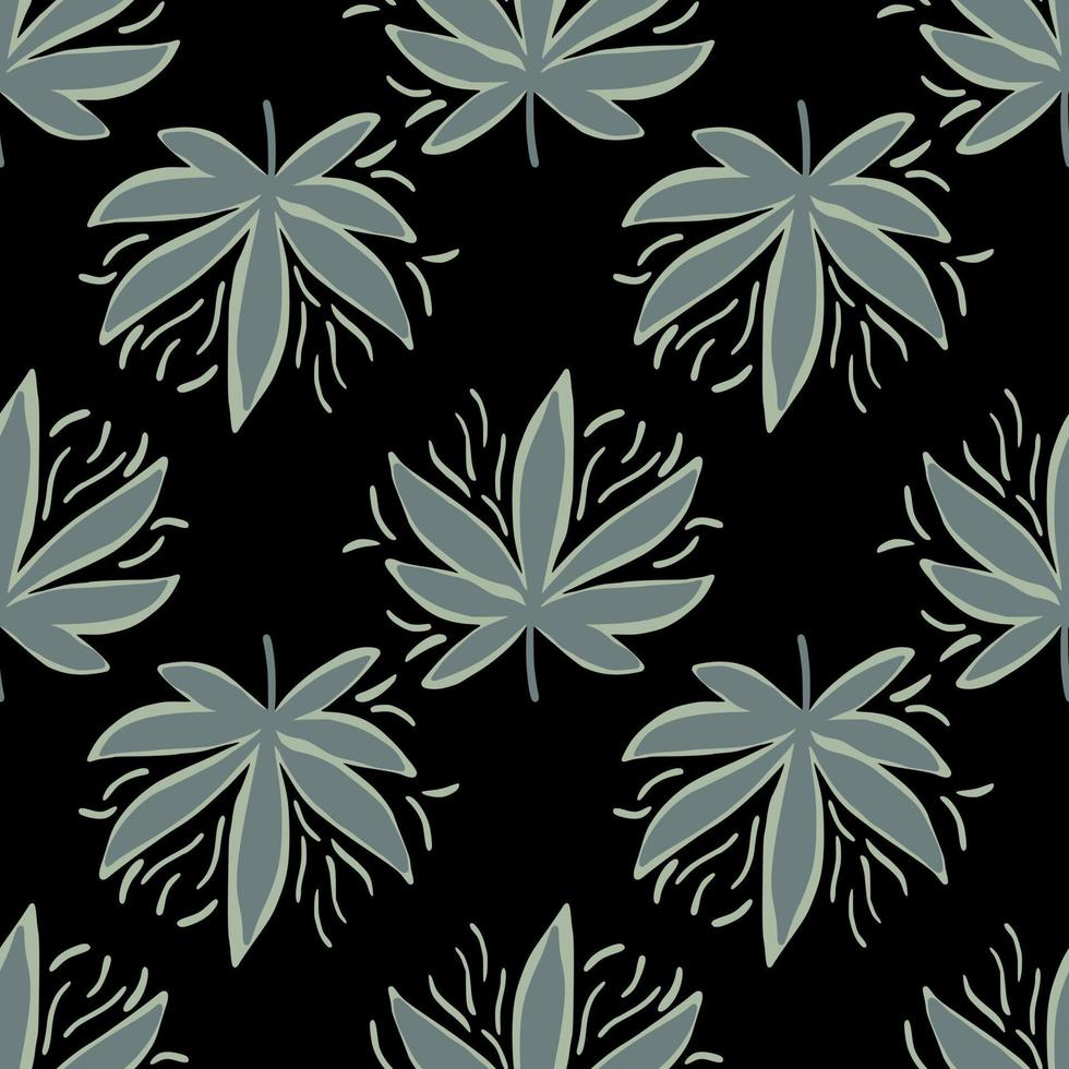 Seamless pattern with hemp leaves in dark tones. Grey marijuana elements on black background. vector
