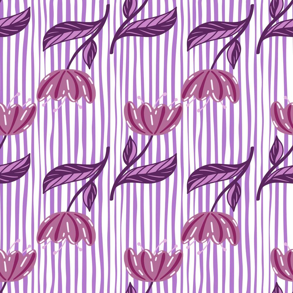 Fashion seamless pattern with purple poppy flowers elements. Striped background. Natural backdrop. vector