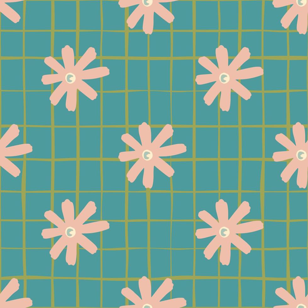 Floral daisy abstract seamless pattern. Soft pink flowers shapes on turquoise background with check. vector
