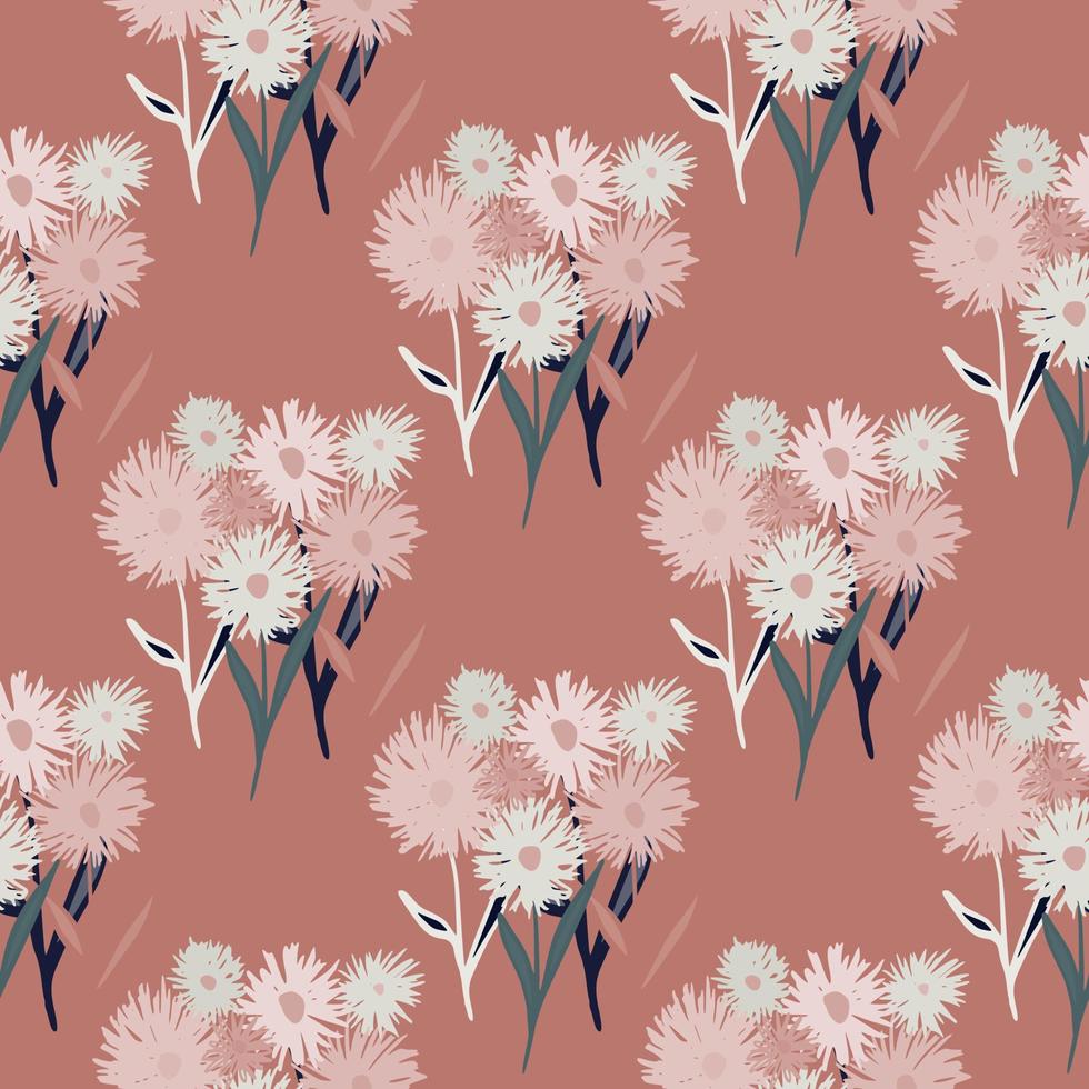 Floral dandelion bouquet silhouettes seamless pattern. Brick color background with pastel tones flowers silhouettes. vector