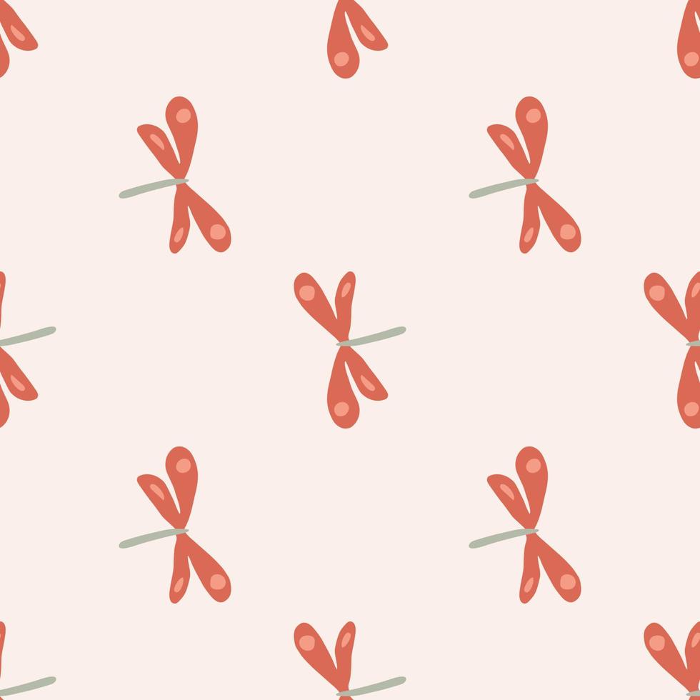 Geometric orange dragonfly seamless pattern on light pink background. Doodle dragonflies wallpaper vector