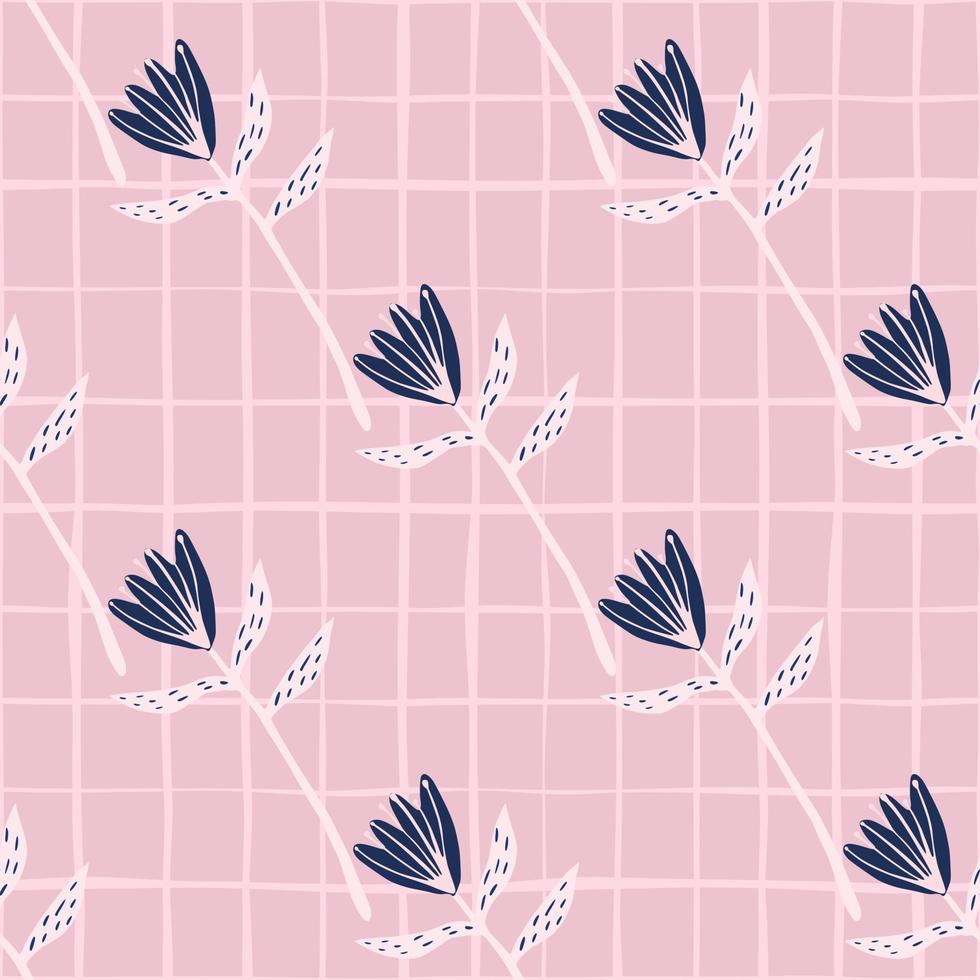 Diagonal seamless pattern with tulip flowers shapes. Pink background with check and navy blue floral buds. vector