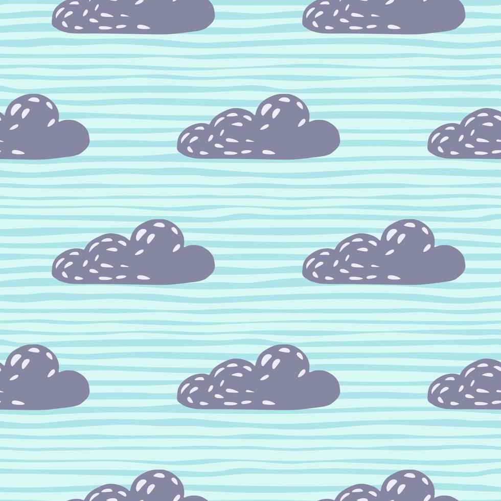 Purple clouds seamless pattern in hand drawn style. Blue striped background. Rainy backdrop. vector