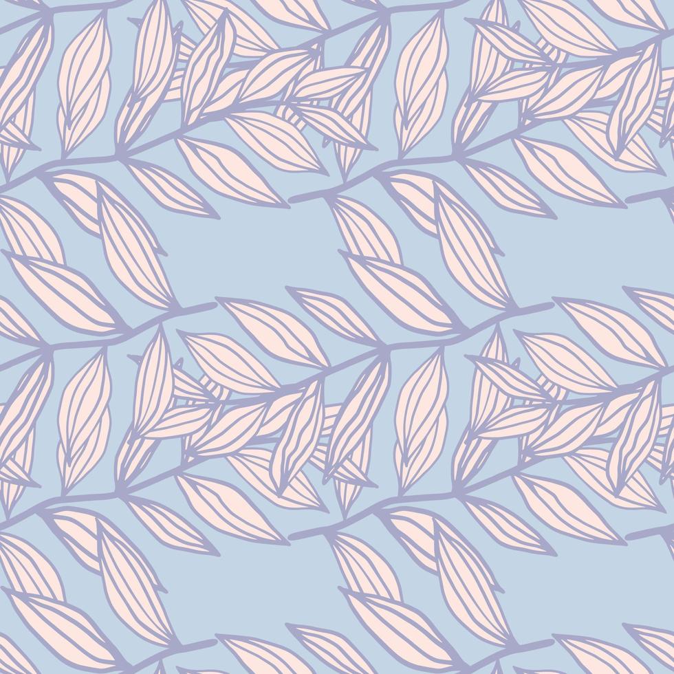 Spring seamless doodle pattern with outline foliage elements in pastel pink tones. Light blue background. Stylized creative artwork. vector