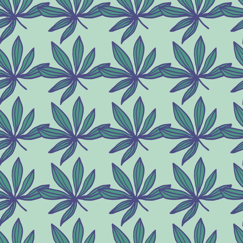 patrón geométrico de hoja de droga sin costuras. hojas de cannabis en colores verde y azul con fondo pastel claro. vector