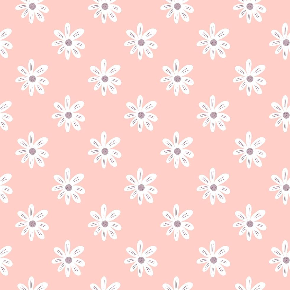 Cute ditsy seamless pattern on light pink background. Doodle chamomile print. vector