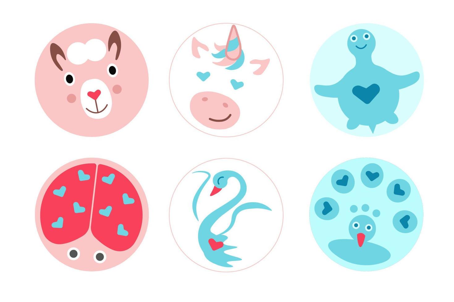 Cute animals with hearts - llama, unicorn, turtle, ladybug, swan, peacock - Free Vector Illustration