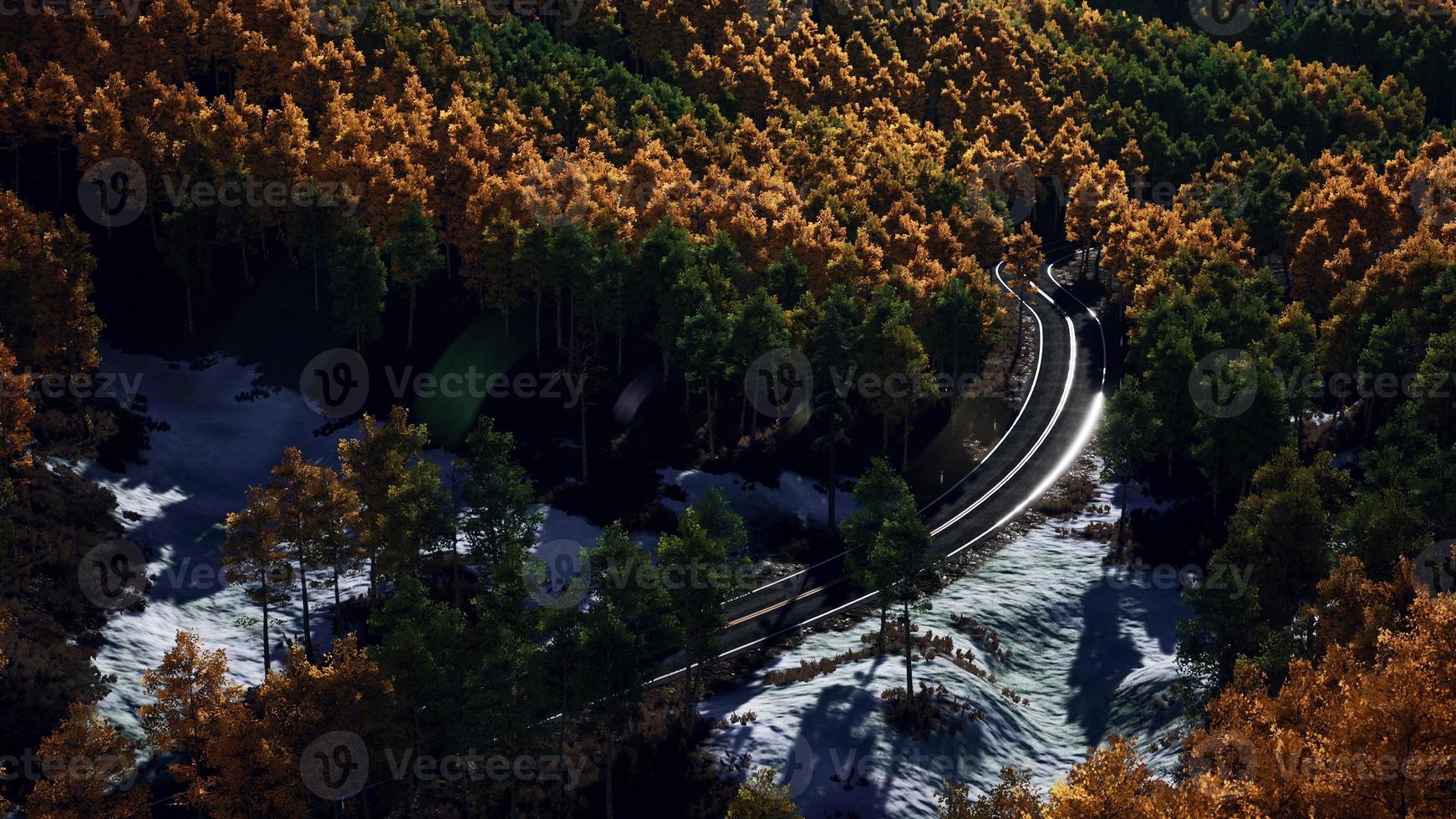 aerial view of snowy forest with a road photo