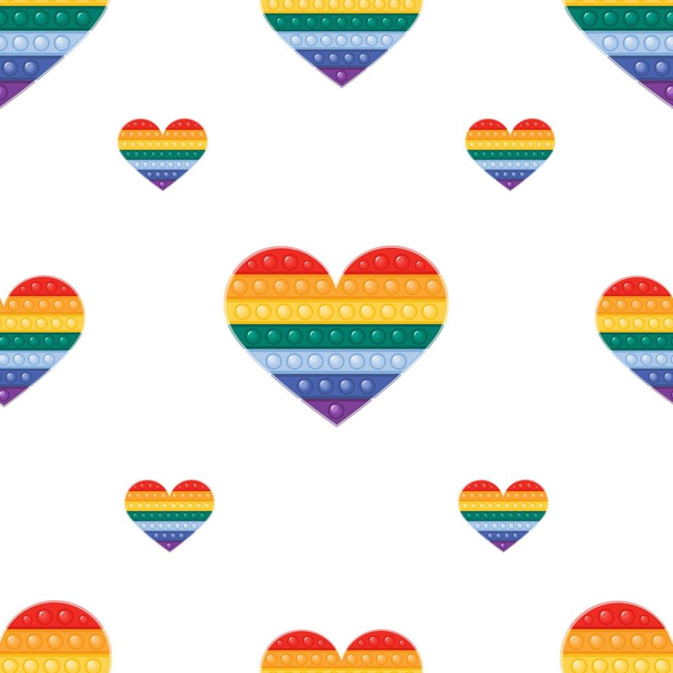 Vector seamless pattern with trendy Pop it fidget toy in rainbow colors. Heart shaped plaything with push bubbles, antistress toy for kids and adults.