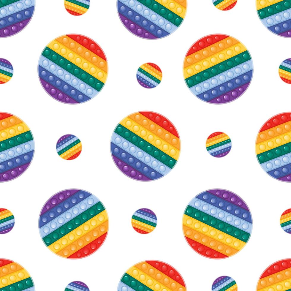 Vector seamless pattern with trendy Pop it fidget toy in rainbow colors. Circle shaped plaything with push bubbles, antistress toy for kids and adults.