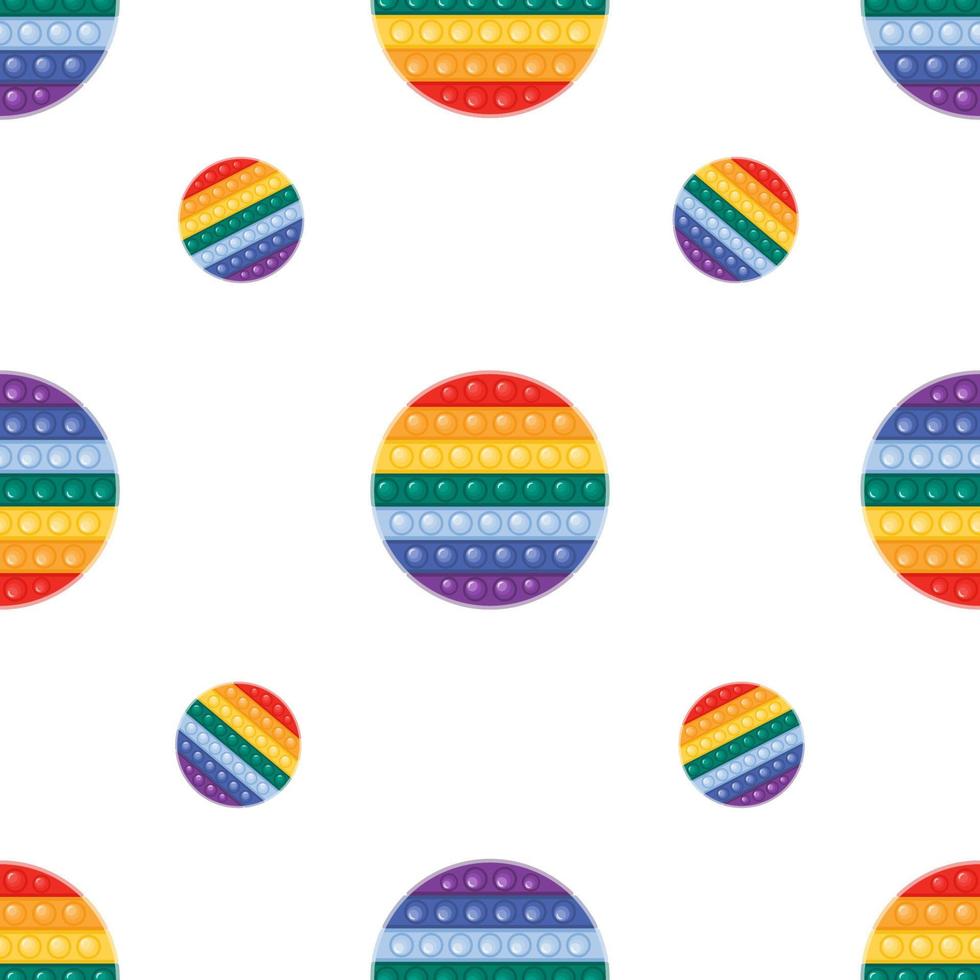 Vector seamless pattern with trendy Pop it fidget toy in rainbow colors. Circle shaped plaything with push bubbles, antistress toy for kids and adults.