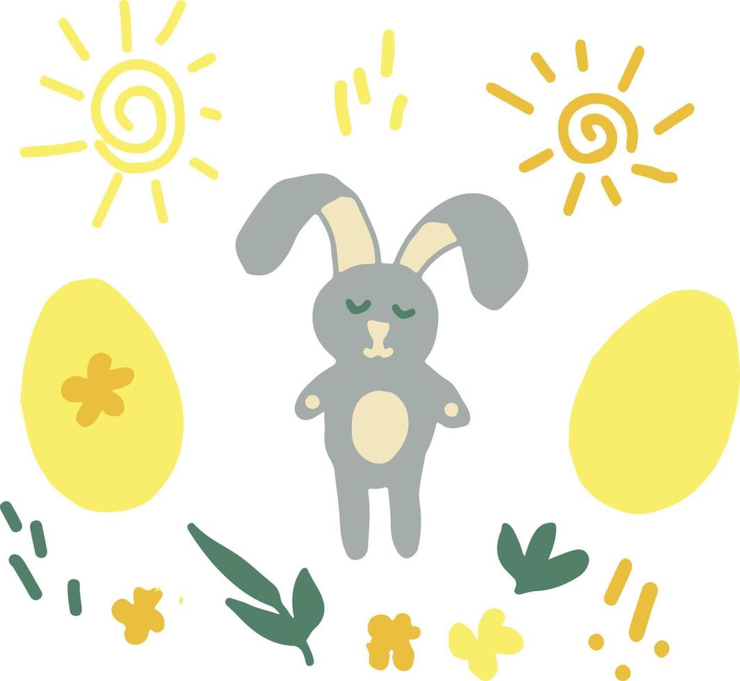 rabbit, easter eggs, sun, leaves and dash doodle set. hand drawn. trending color 2021 gold, yellow, gray, green kids decor vector