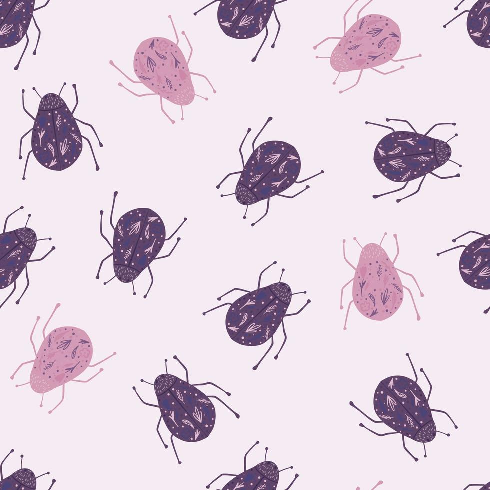 Random seamless pattern with doodle bug silhouettes. Purple and pink colored insects ornament on white background. vector