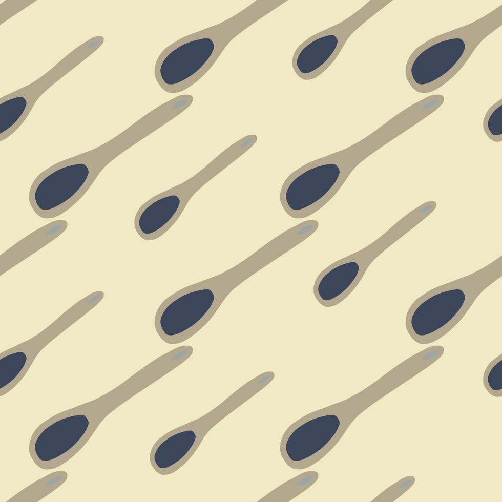Beige and navy blue colored spoon doodle seamless pattern. Diagonal kitchen ornament with light beige backgound. vector