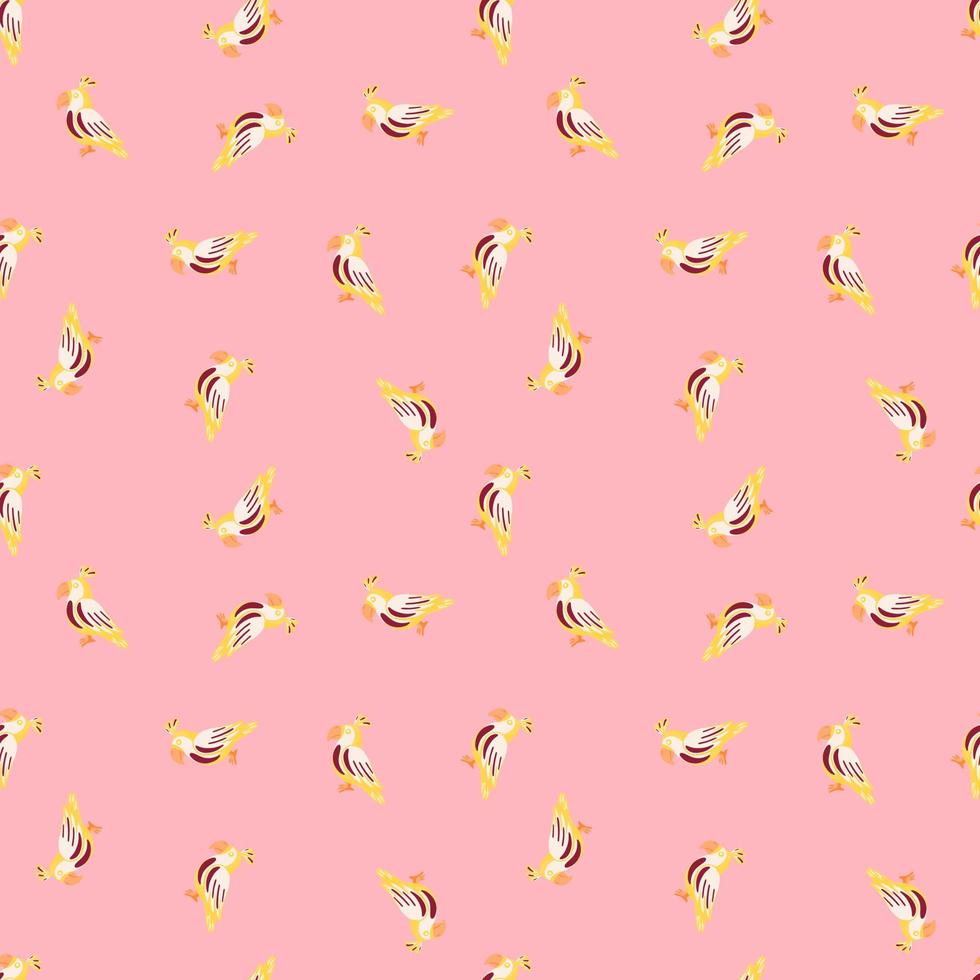 Zoo seamless pattern with random little yellow parrots print. Pink background. Abstract animal backdrop. vector